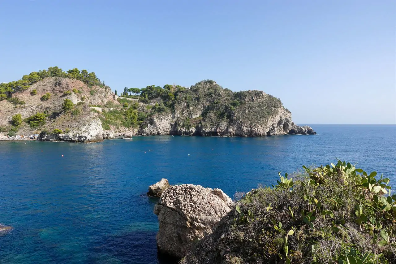Isola Bella at Taormina, joined to the shore by a spit of shingle